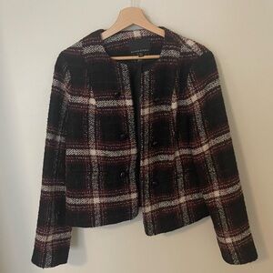 Banana Republic Black/Maroon/White Cropped Plaid Blazer